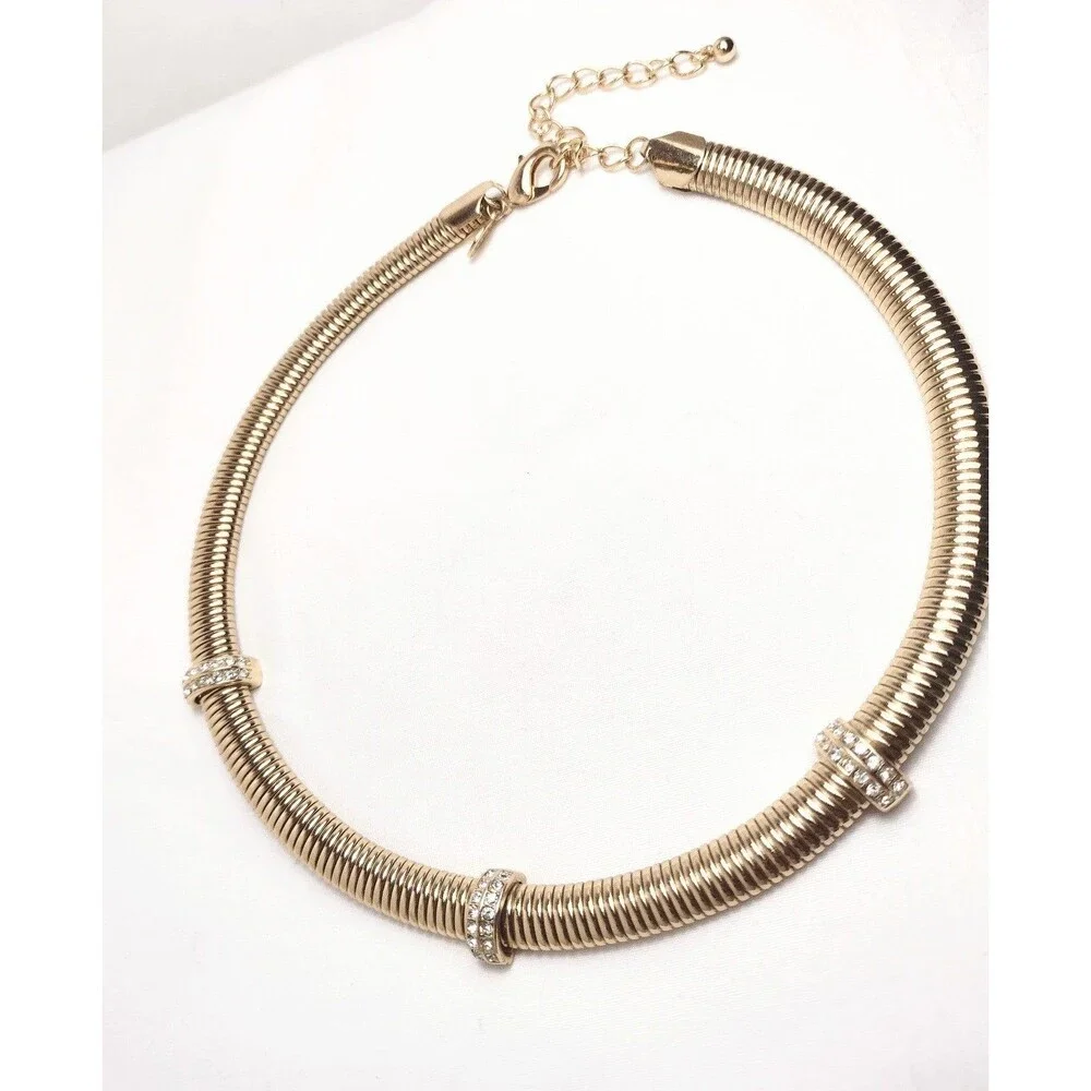 Vintage Omega Coil Gold tone Rhinestone Statement Necklace